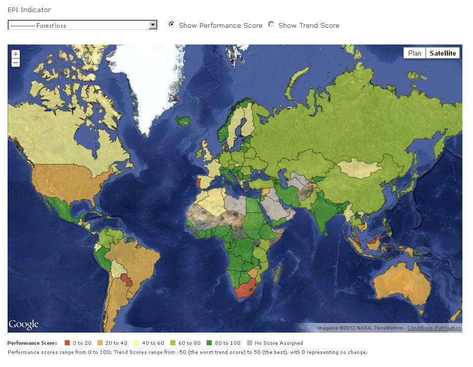 L'indice EPI permet de constater la disparition progression des forêts dans certaines régions du monde.